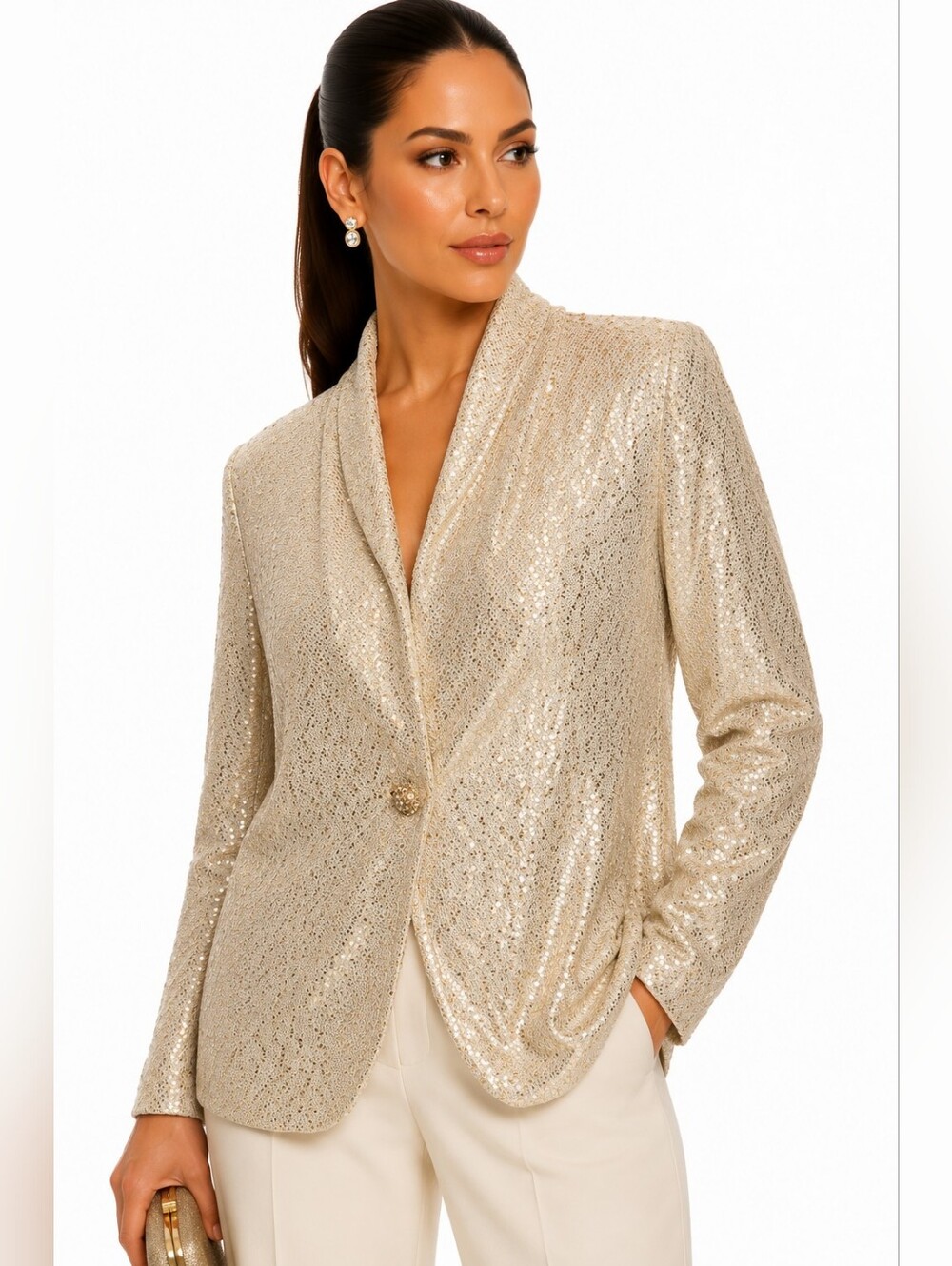 NWT St. John Sequin Knit Cardigan Topper Shawl Collar Champagne Gold M